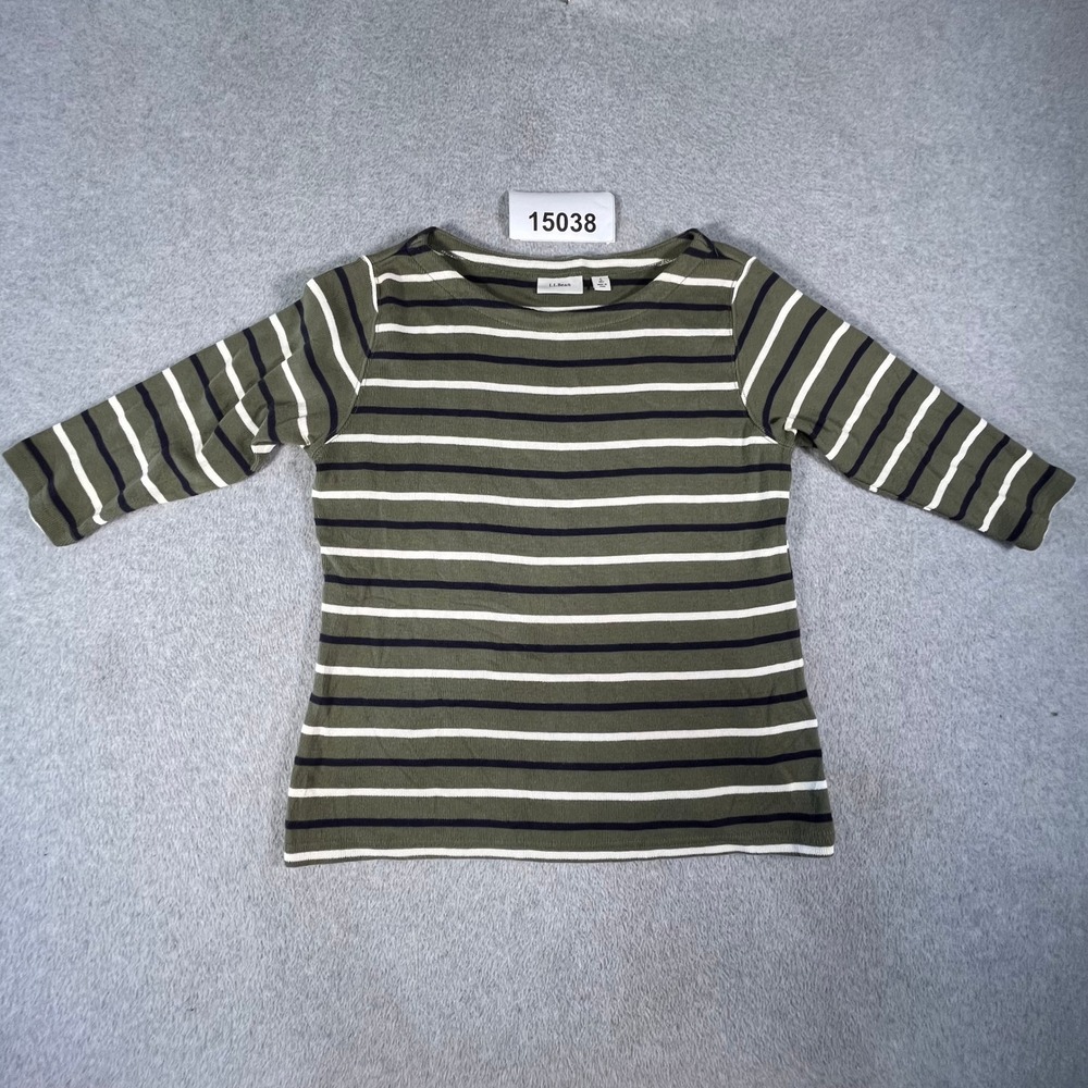 L.L. Bean Striped Boatneck Top Womens S Petite Green Excellent 100% Cotton